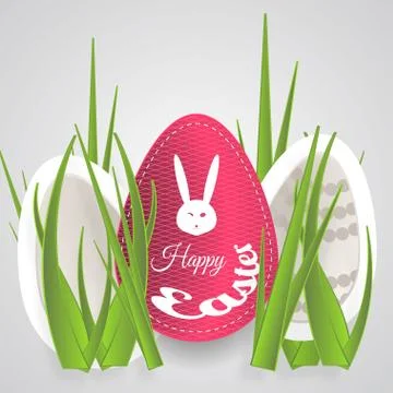 Vector paper art of Easter eggs with different pattern, rabbit white head s.. Stock Illustration