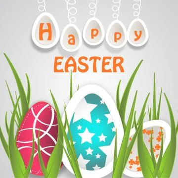 Vector paper art of Easter eggs with different pattern, eggs hanging on a r.. Stock Illustration