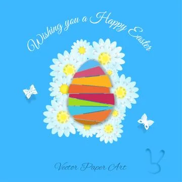 Vector paper art of Happy Easter on the blue background with paper egg from.. Stock Illustration