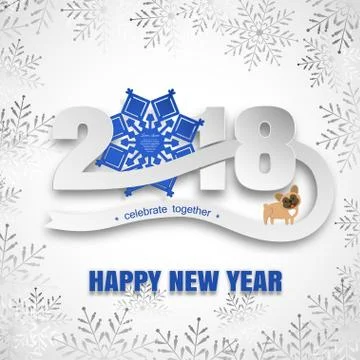 Vector paper art for Happy New Year with numbers, bleu snowflake label and te Stock Illustration