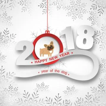 Vector paper art for Happy New Year with numbers, red ball label with dog and Stock Illustration