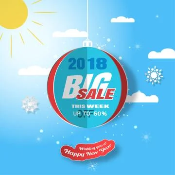 Vector paper art for Happy New Year 2018 Big Sale with hanging christmas ball Stock Illustration
