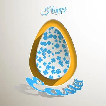 Vector paper art of light gray Easter egg with floral pattern, blue text on.. Stock Illustration