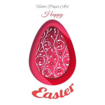 Vector paper art of red Easter egg with floral pattern, red text on the red.. Stock Illustration