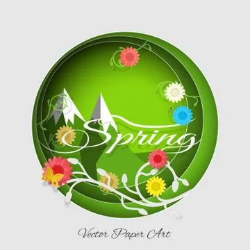 Vector paper art of Spring in the mountains on the gradient gray and green .. Illustrazione stock
