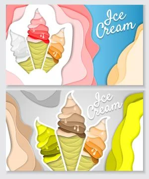 Vector paper art style ice cream horizontal banner set Stock Illustration