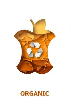 Vector paper cut bitten apple with organic food waste and recycle symbol Stock Illustration
