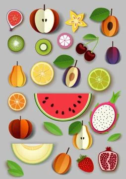 Vector paper cut craft style summer fruits and berries. Stock Illustration