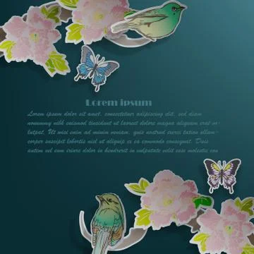 Vector paper cut floral pattern background with hand drawn birds, butterflies Stock Illustration