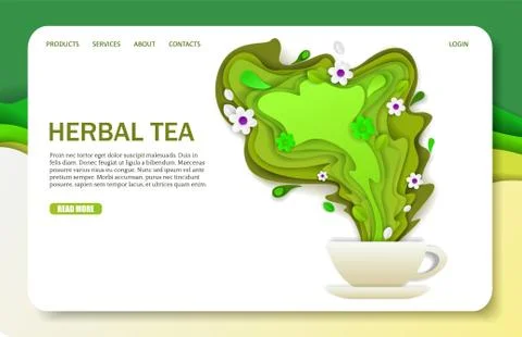 Vector paper cut herbal tea landing page website template Stock Illustration