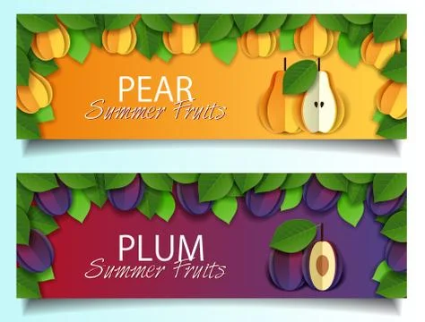 Vector paper cut pear plum fruit banner set Stock Illustration