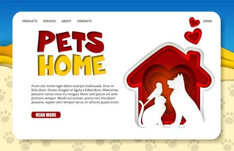 Vector paper cut pets home landing page website template Illustrazione stock
