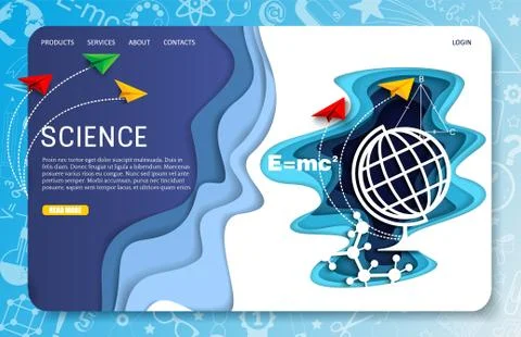 Vector paper cut science landing page website template Stock Illustration
