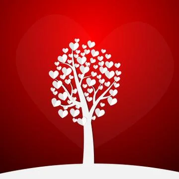 Vector : Paper hearts on tree on red background Stock Illustration