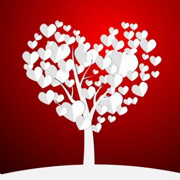 Vector : Paper hearts on tree on red background Stock Illustration