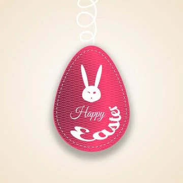 Vector paper label of Easter red egg with line pattern, stitching, rabbit h.. Illustrazione stock