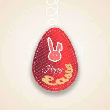 Vector paper label of Easter red egg with line pattern, stitching, rabbit h.. Stock Illustration