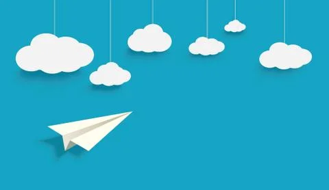 Vector paper plane and clouds with shadow. Stock Illustration