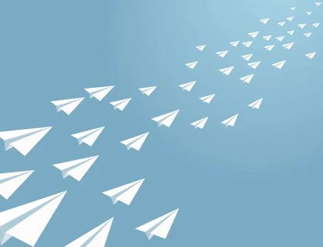 Vector paper planes flying on blue sky. Stock Illustration