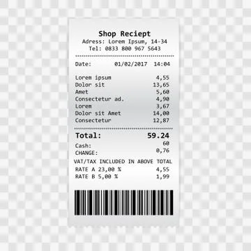 Vector paper print check, shop reciept or bill isolated on transparent Stock Illustration