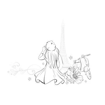 Vector Paris border. Eiffel tower with travel to France, Parisian girl and Paper イラスト素材