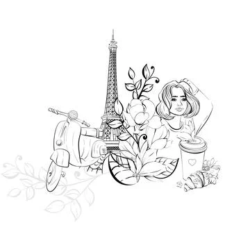 Vector Paris border. Je tame. Eiffel tower with travel to France, Parisian girl イラスト素材
