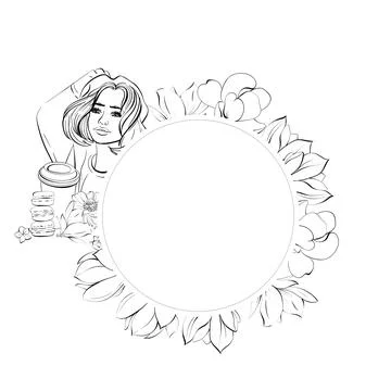 Vector Paris circle flowers frame, Eiffel Tower, girl and Paper cup of coffee Stock Illustration