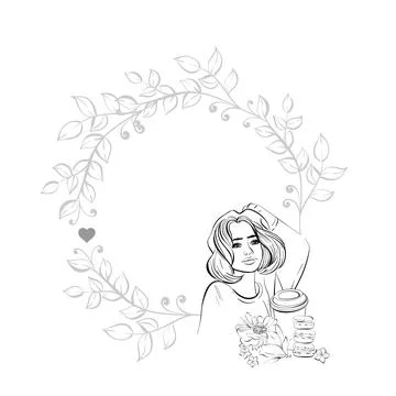 Vector Paris circle frame, template with travel to France, Eiffel Tower, girl Stock Illustration