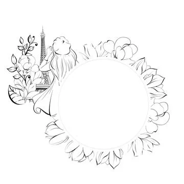 Vector Paris circle frame, template with travel to France, Eiffel Tower, girl Stock Illustration