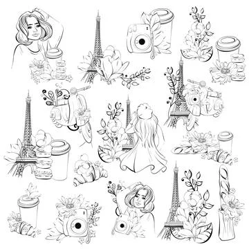 Vector Paris clipart collections. Eiffel tower with travel to France, girl and Illustrazione stock
