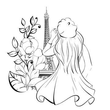 Vector Paris girl on the background of the Eiffel Tower with magnolias, spring Stock Illustration