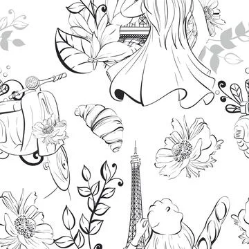 Vector Paris seamless pattern. Eiffel tower with travel to France, girl and Stock Illustration