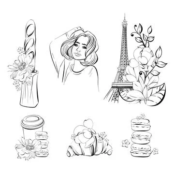 Vector Paris set with Eiffel Tower, Parisian woman, Paper cup of coffee, sweet Stock Illustration