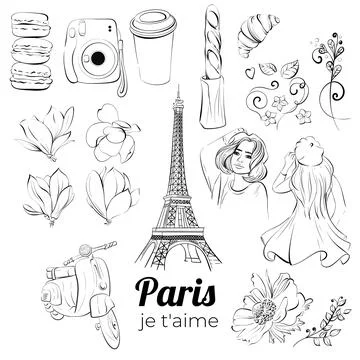 Vector Paris set. Je tame. Eiffel tower with travel to France, girl and Paper Illustrazione stock