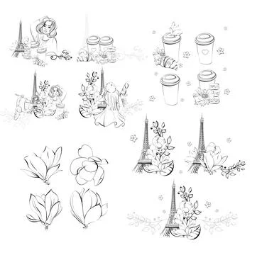 Vector Paris set with Paris cafe bakery, travel to France, Eiffel Tower Stock Illustration
