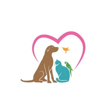 Vector of parrot, cat, dog and hummingbird with pink heart shape on white bac 스톡 일러스트