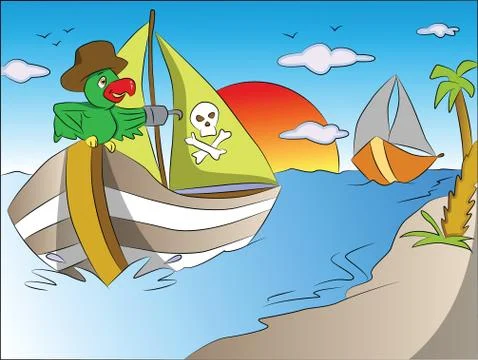 Vector of parrot on pirate's boat. 스톡 일러스트