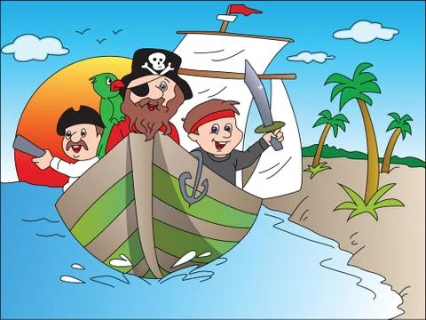 Vector of parrot on pirate's boat. Stock Illustration