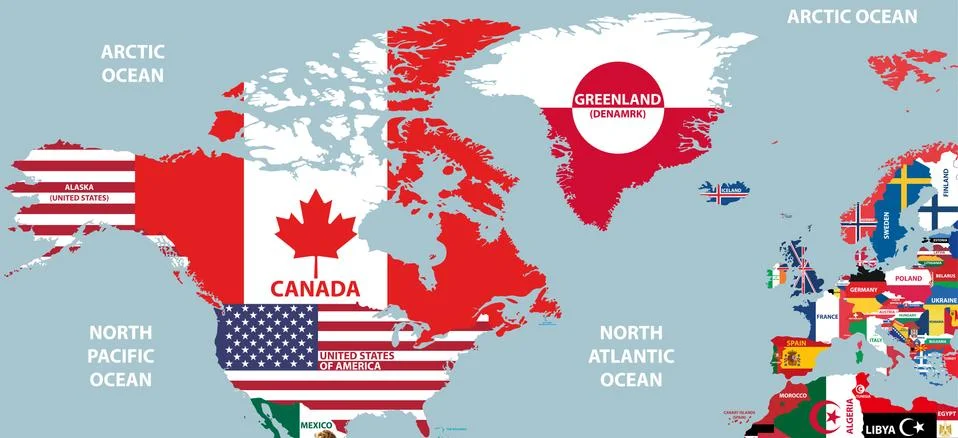 Vector part of world map with region of North American and European  countries m Stock Illustration