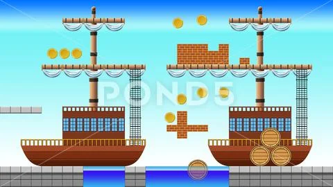 Vector parts for the game. The ship and the sea. PSD Template