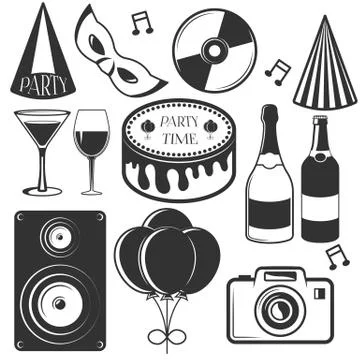 Vector party set of emblems, badges, stickers or banners. Design elements in 스톡 일러스트