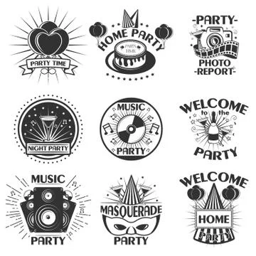 Vector party set of emblems, badges, stickers or banners. Design elements in Illustrazione stock