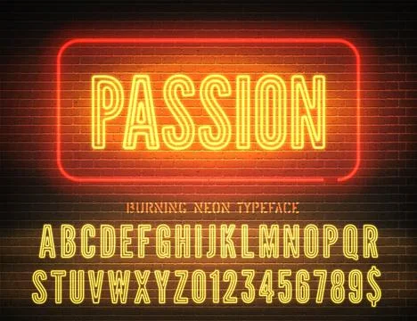 Vector passion night light sign and narrow bold yellow neon font with numbers on Stock Illustration