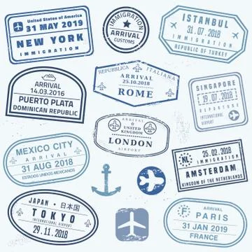 Vector passport stamp set - novelty passport stamps collection. Illustrazione stock