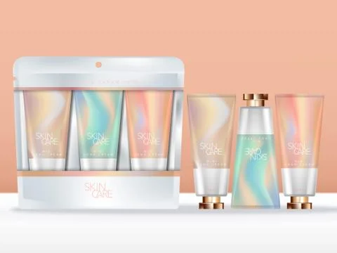 Vector Pastel Abstract Printed Hand Cream Trio Set Stock Illustration