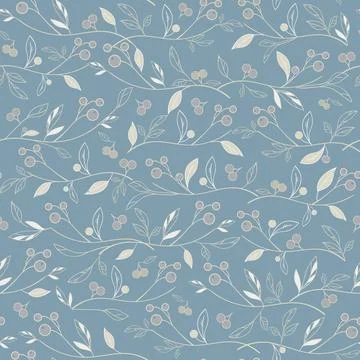 Vector pastel blue leafs and berries seamless background ornament texture. Stock Illustration