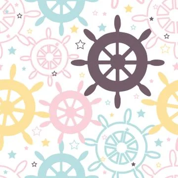 Vector pastel color wheels repeat seamless pattern with tiny stars on white Illustrazione stock