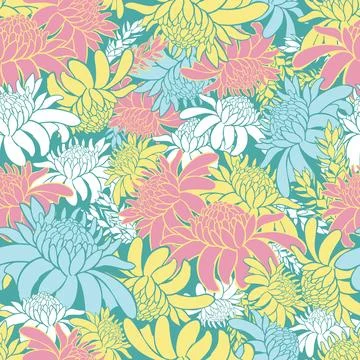 Vector pastel colourful seamless pattern with tropical torch ginger flowers Stock Illustration