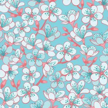 Vector pastel cyan background with light blue cherry blossom sakura flowers a Stock Illustration
