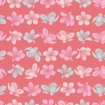 Vector pastel light red cherry blossom sakura flowers and seamless pattern ba Stock Illustration